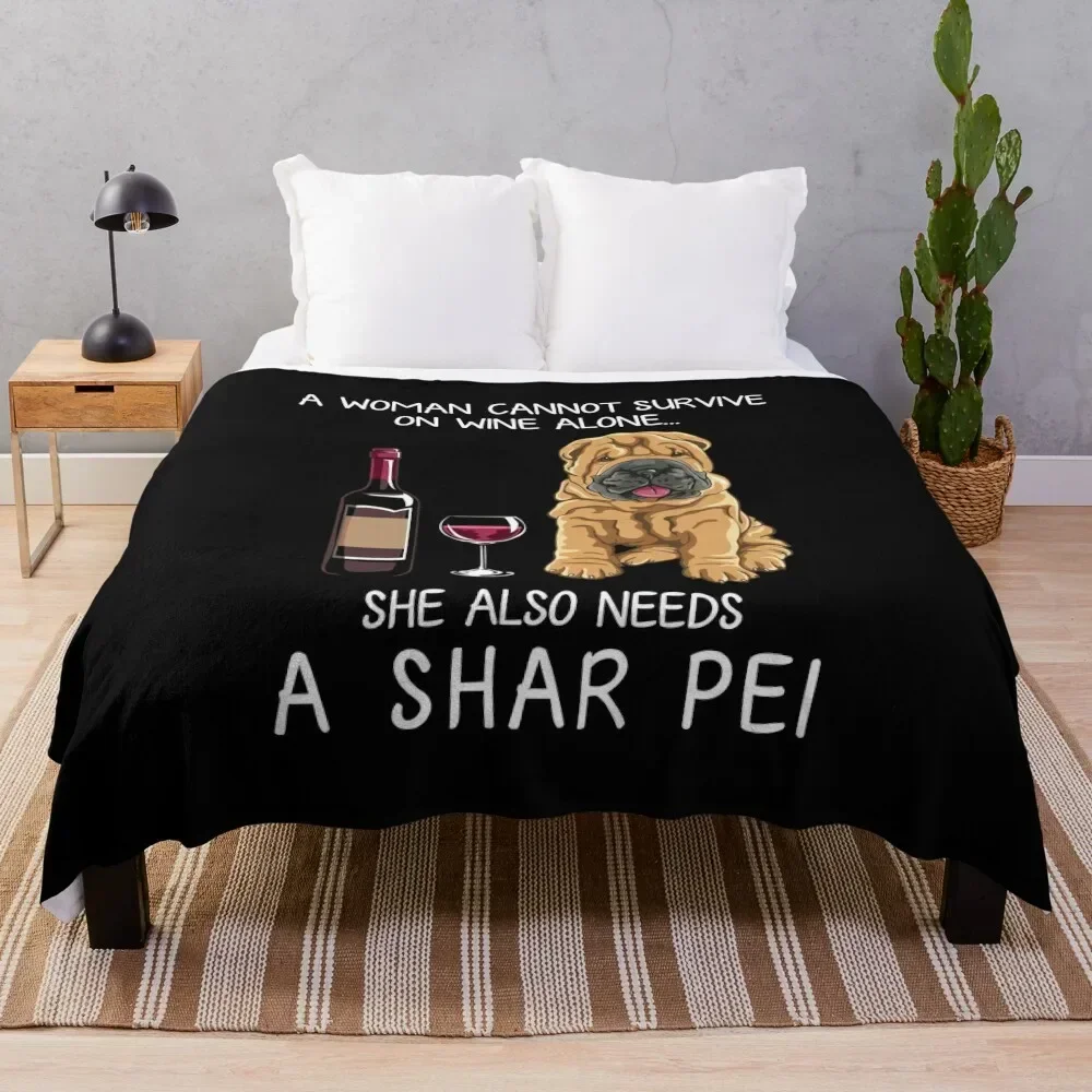 Shar Pei and wine Funny dog Throw Blanket Sofa Travel Softest Blankets