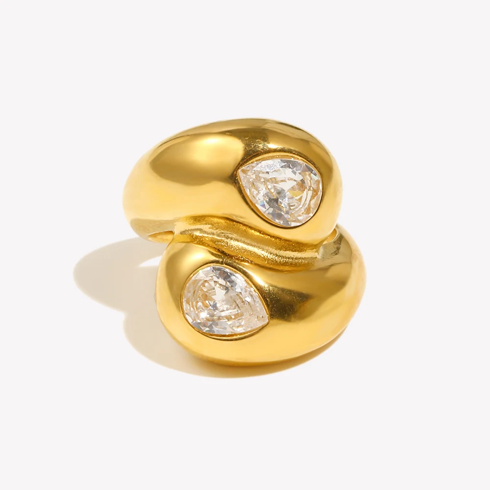 E.B.belle Double End Water Droplet Shape Zircon Ring Tarnish Free Stainless Steel Hypoallergenic Minimalist Style  Jewelry Gifts