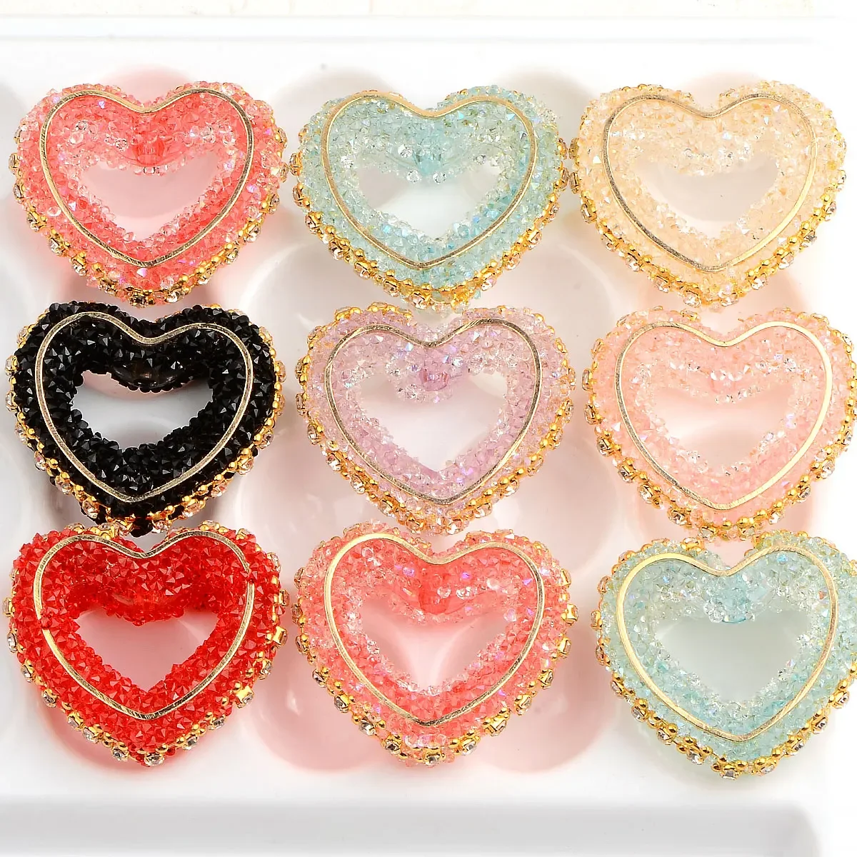 3pcs 3.4x2.9cm Random Color Mix Colorful Hollow Granulated Sugar Embed Heart Shape Acrylic Beads For Jewelry Making Accessories
