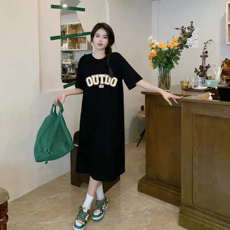 Korean Version Loose Casual Short Sleeved Dress Cute Letter Print Women's Round Neck Mid Length Skirt