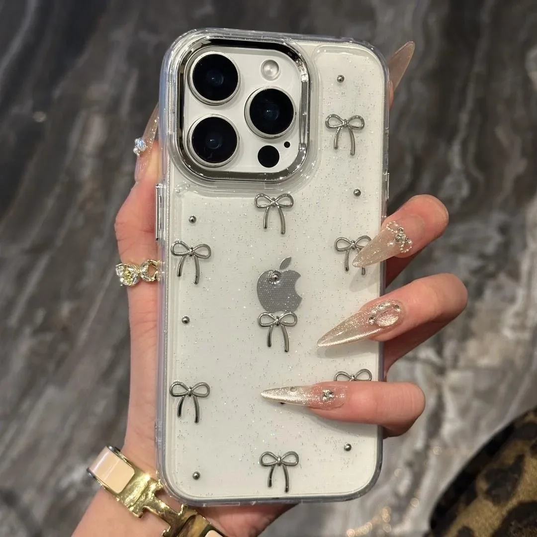

INS Korea Блестящий 3D серебряный чехол с бантиком и бусинами для iPhone 17 Air 16 15 14 13 12 11 Pro Max Plus Эпоксидная оболочка Прозрачный бампер
