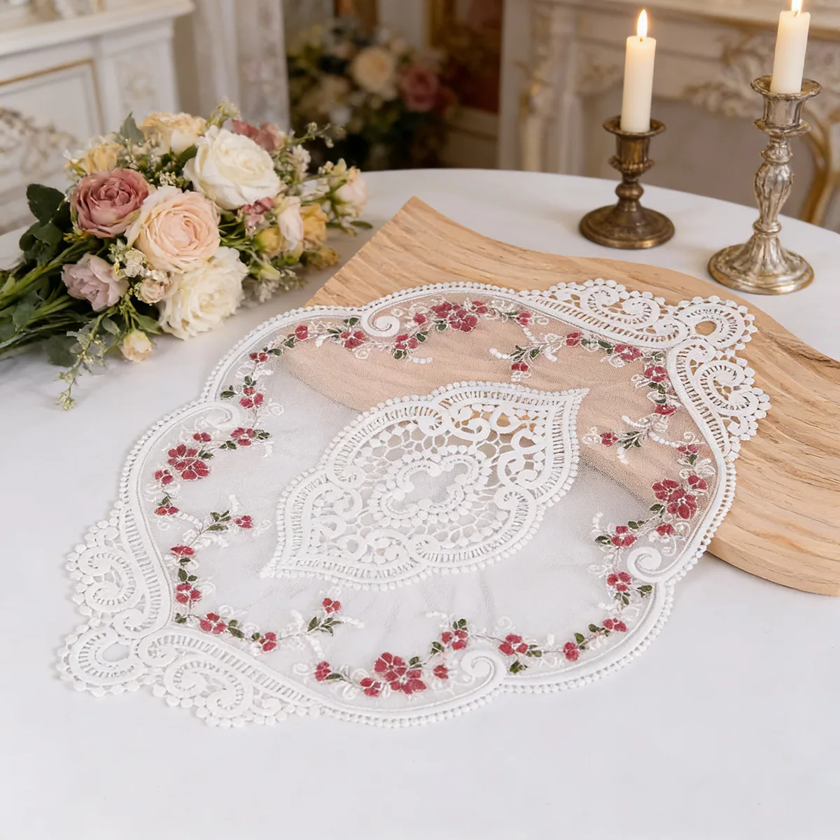 Lace embroidered placemat bedside table tablecloth furniture decoration retro mesh mat photo prop coaster, vintage, elegant