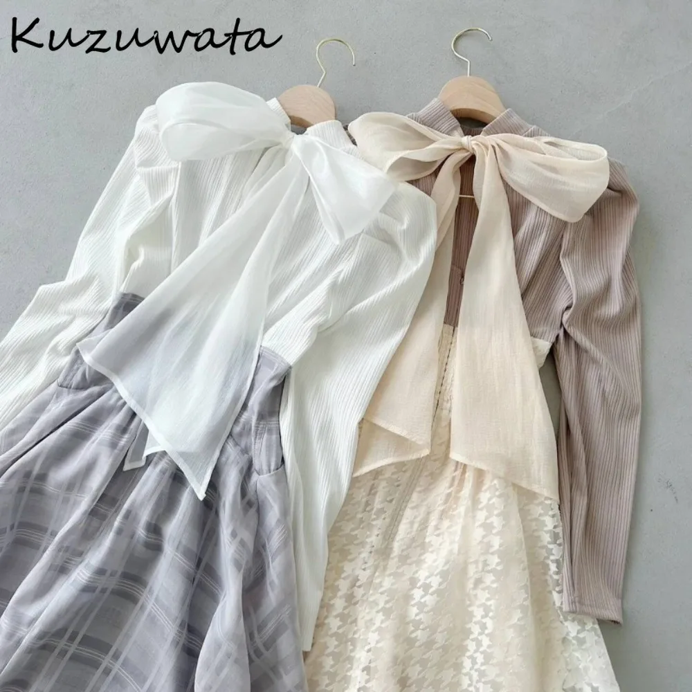 

Kuzuwata Commuter Fake Two Pieces O Neck Panelled Vestidos Elegant Lace Patchwork Slim Waist Mujer Japan Princess Sweet Dresses