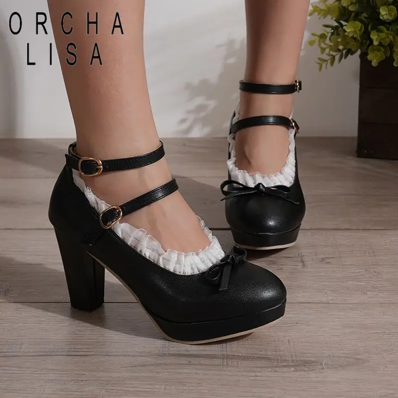 

Туфли-лодочки ORCHA LISA в стиле Лолита, розовые, с круглым носком, на каблуке 9 см, с ремешком на пряжке, на платформе, с бантом, большие размеры 43, 44, 45, милые туфли