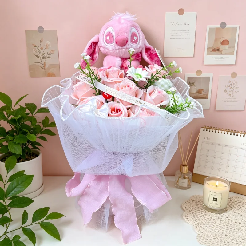 Genuine Stitch Micky Mouse Winnie Plush Dolls With Artificial Creative Flowers Bouquet Valentine Christmas Graduation Gifts