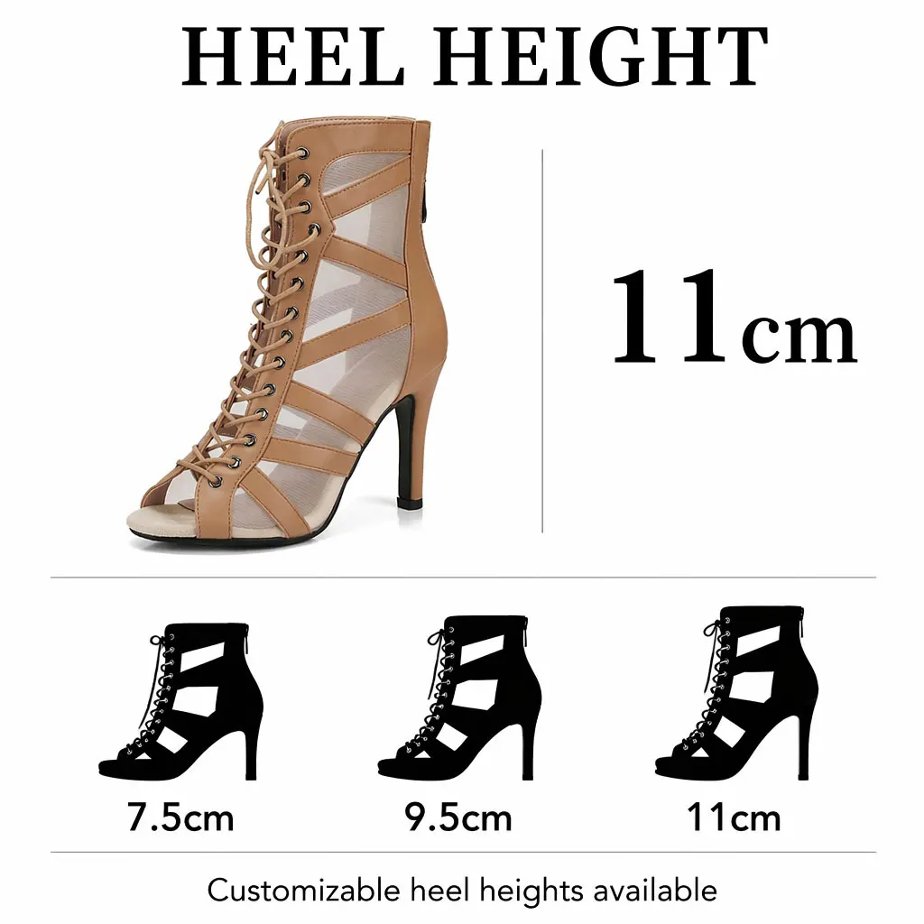 2026 Woman Beige Latin Dance Booties Women Open Toe Lace Up Stiletto Bootie for Girls Suede Sole High Heel Dance Boots