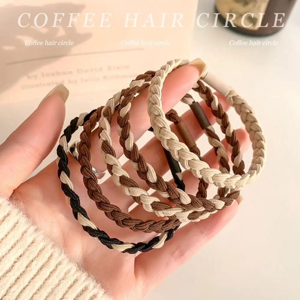 5PSC Coffee Hair Tie Simple Highly Elastic Braided Hair Rope Durable Nylon Hairband Women Girl