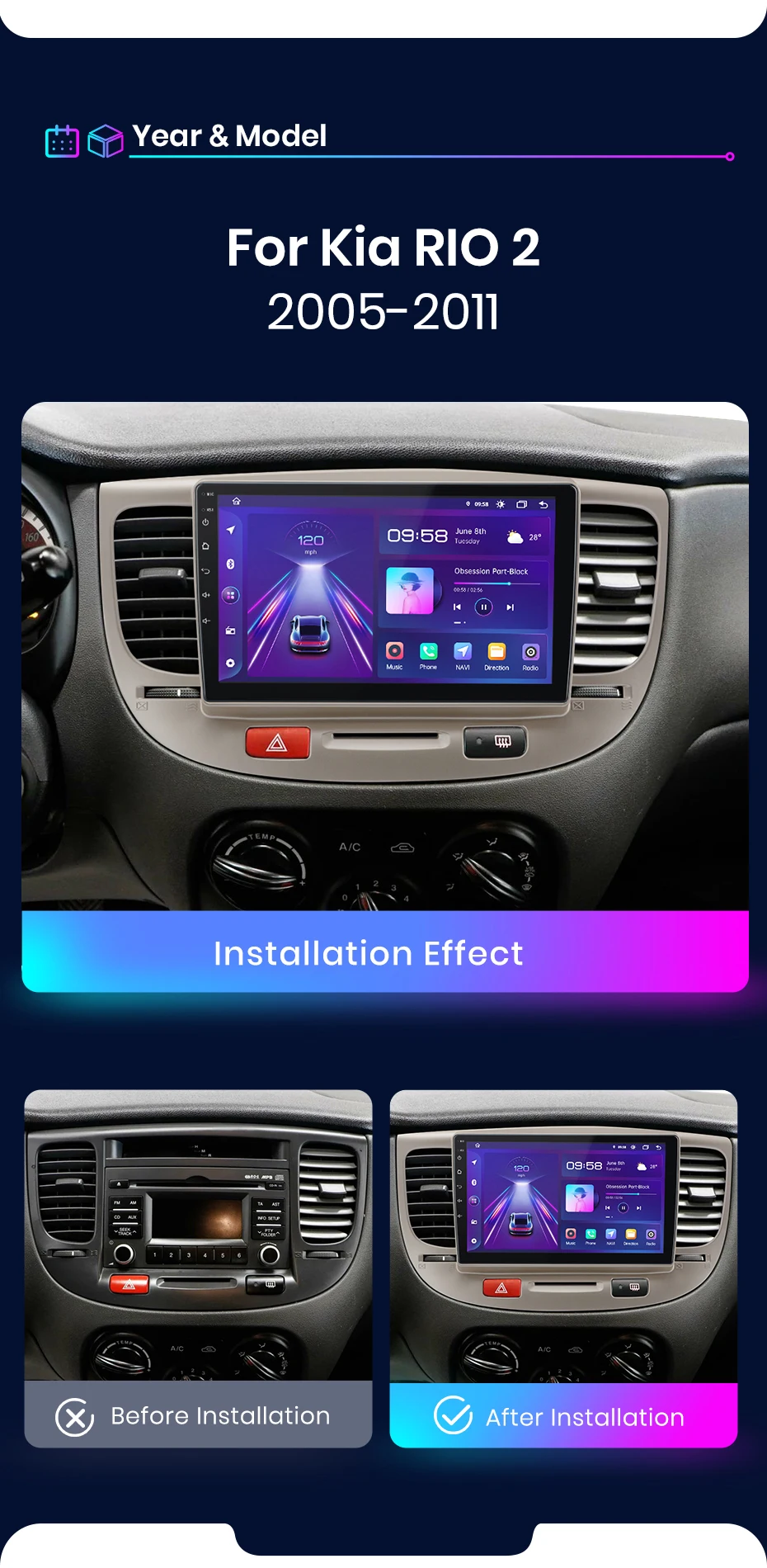 Junsun Wireless Carplay Android Auto Autoradio für Kia Rio 2 2005-2011 GPS Multimedia 2 Din – Detail 4
