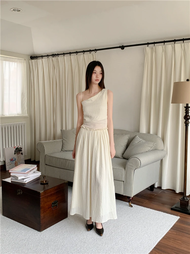 CHEERART One Shoulder Beige Long Dresses 2024 Women Summer Patchwork Ruched A Line Solid Dress Designer Fashion Clothes