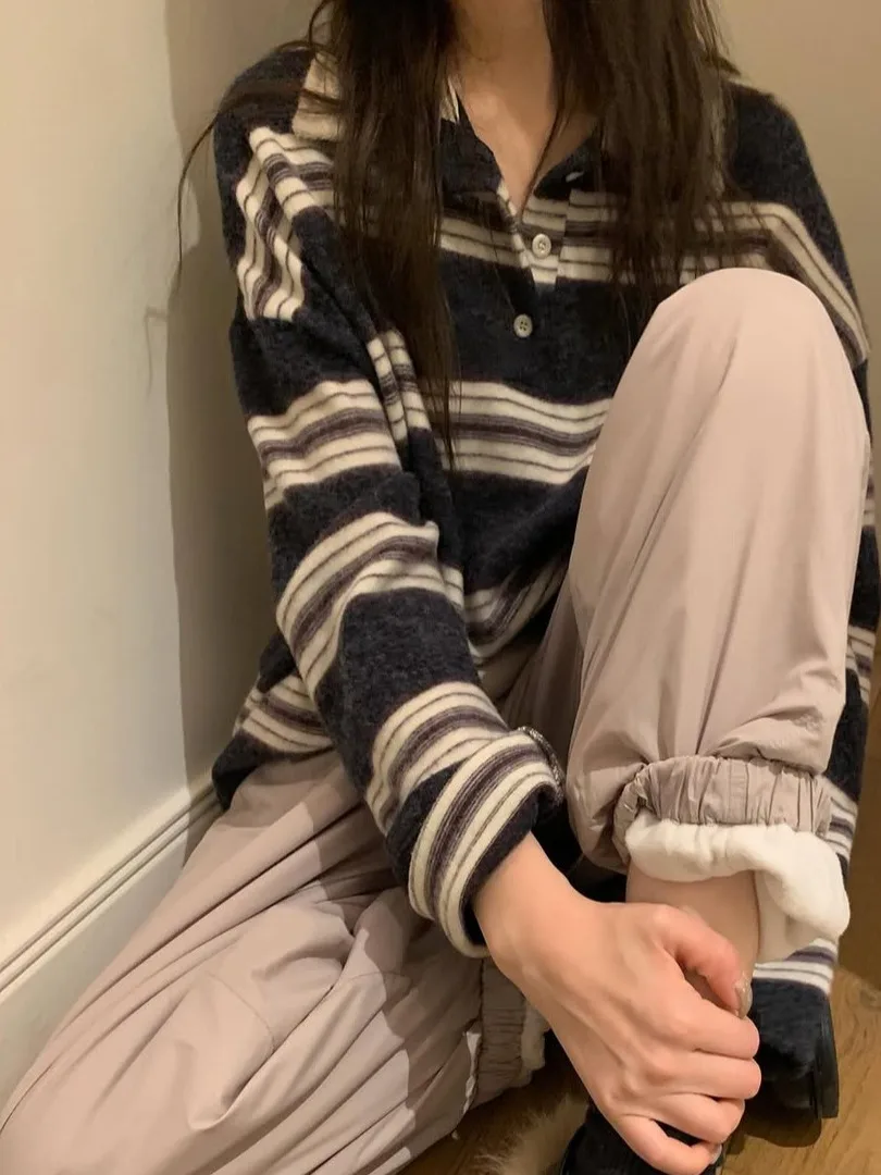 الرجعية الكورية فضفاضة كسول Sle المرأة البلوز خطوط أفقية بياقة أعلى الخريف الشتاء تصميم جديد تنوعا Faionable