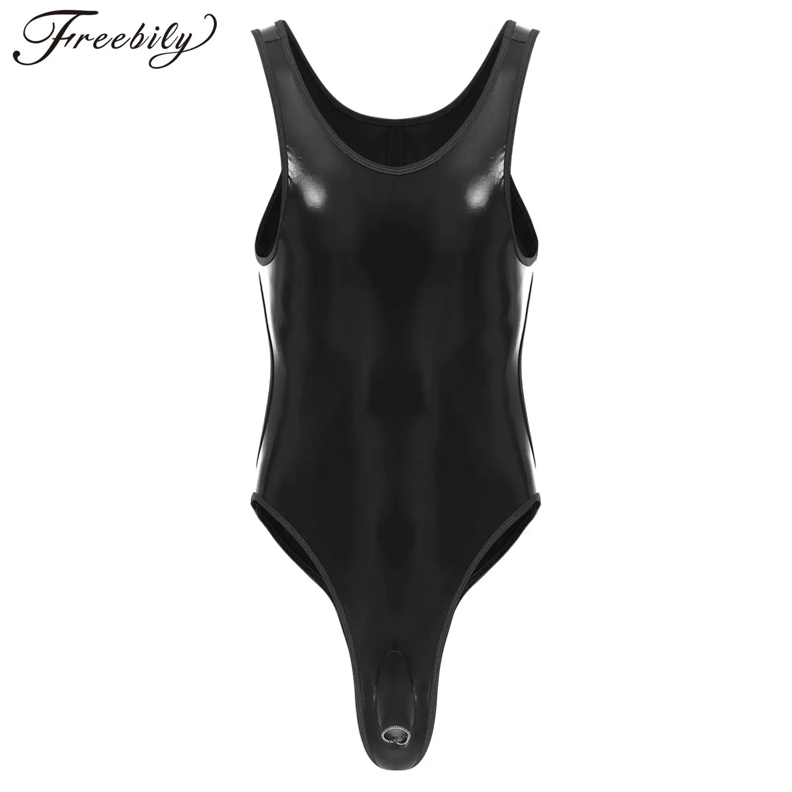 

Gay Men's Lingerie Wet Look Patent Leather Bulge Pouch Sleeveless Bodysuit U Neck Cutout Back High Cut Leotard Homme Sleepwear