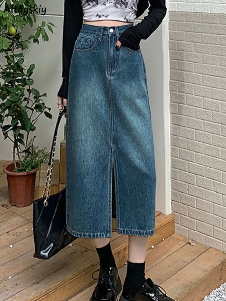

Vintage Skirts Women Front Split High Waist Pocket Elegant A-line Denim Mid-calf Casual Simple All-match Autumn Daily Chic Young
