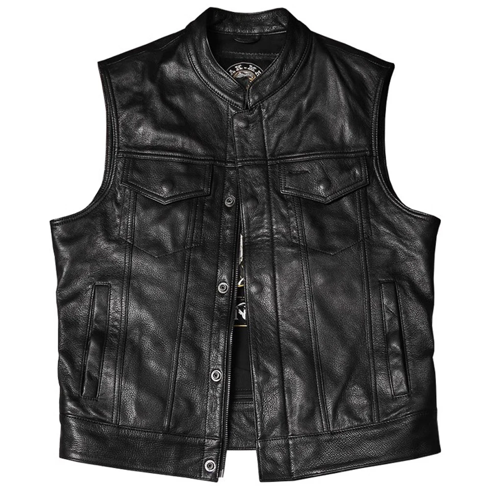 

Free Shipping 5XL Motorcycle Mans Vest Coat Goatskin American Streetwear Summer Real Leather Biker Mens Tank Waistcoat Cowboy