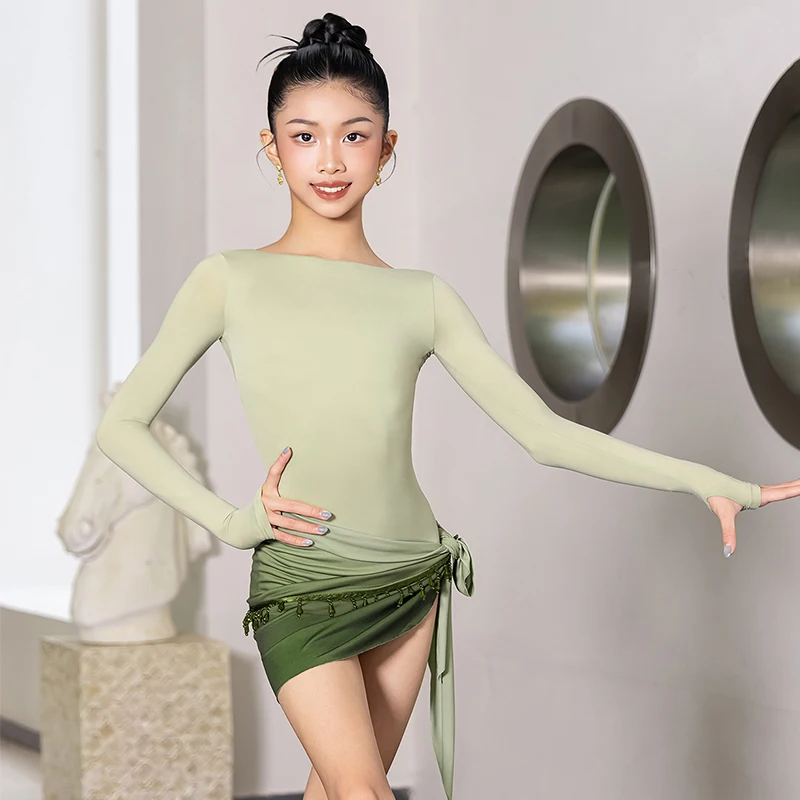 Vestido latino 2025 nueva ropa de actuación para niñas traje de baile verde de manga larga chico Rumba Tango traje de escenario ropa de práctica VBH2028