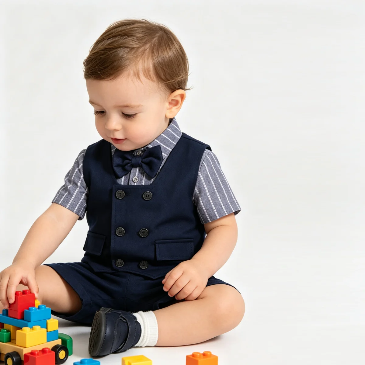 Toddler Boy 4Pcs Formal Suit Striped Shirt Double Breasted Vest Bow Tie Shorts Wedding Baptism Birthday Gentleman Party Tuxedo