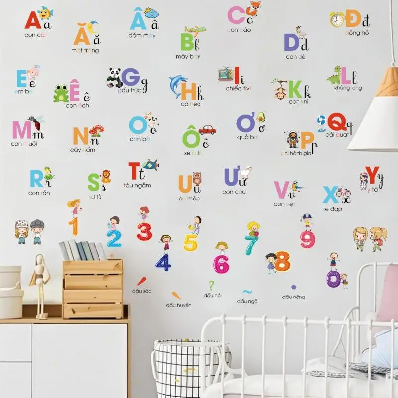 ~Vietnamese Alphabet Wall Decals For Children Cartoon Early Education Alphabet Stickers PVC Stickers Background Decoration