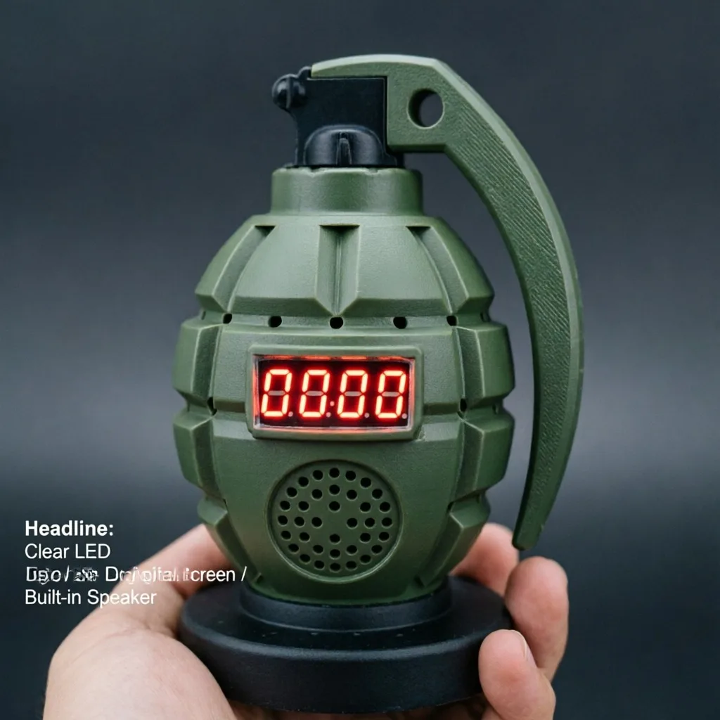 Grenade Alarm Clock LED Digital, Portable Novelty Desk Clock Green, Hand Grenade Shape Timer Toy, for Kids Adults Birthday Gift