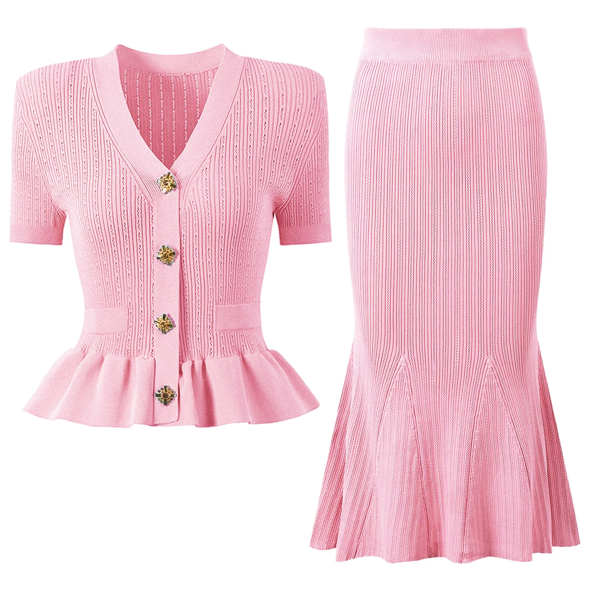 

5 Colors Short Sleeve Knit Top with Diamond Buttons + Fish Tail Slim Half Skirt Women's Cardigan Set