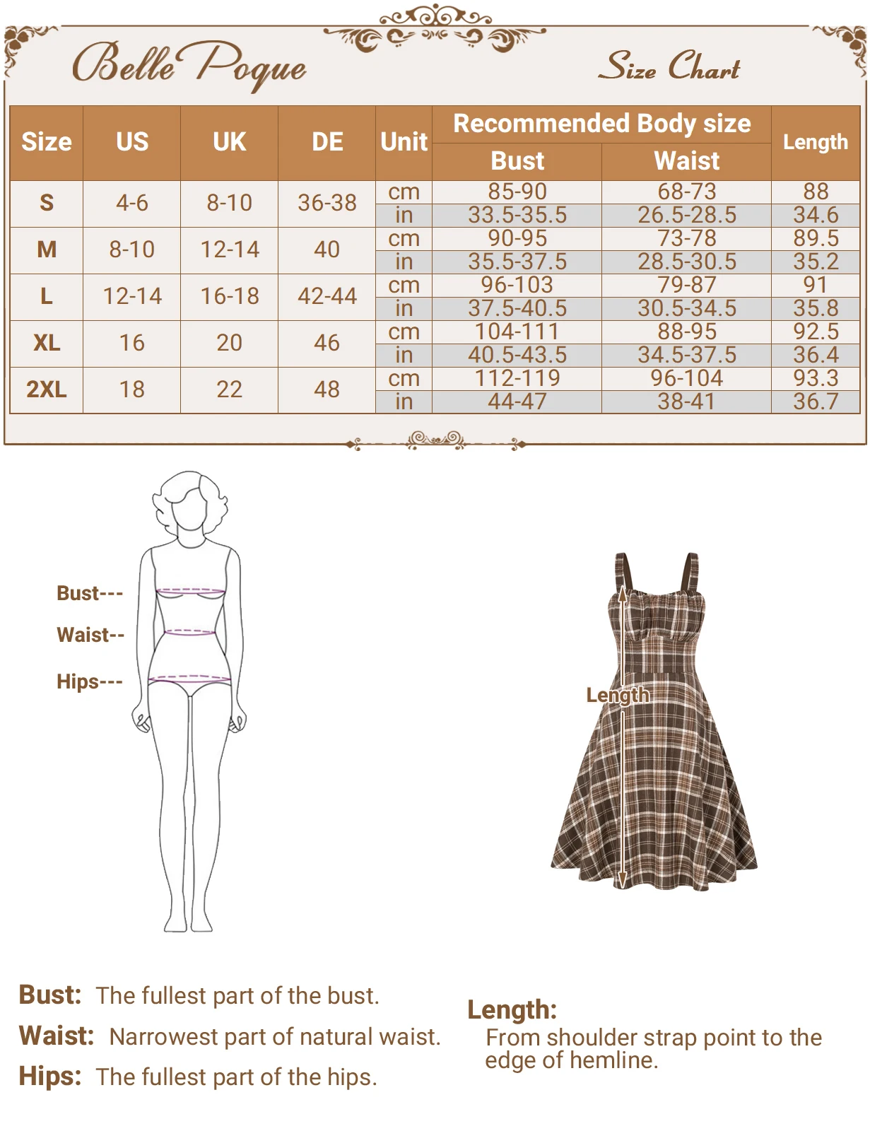 BP Women Dress Vintage Grid Printing Two-Way Defined Waist Dress High Wsited Ruched Bodice Flared A-Line Dresses