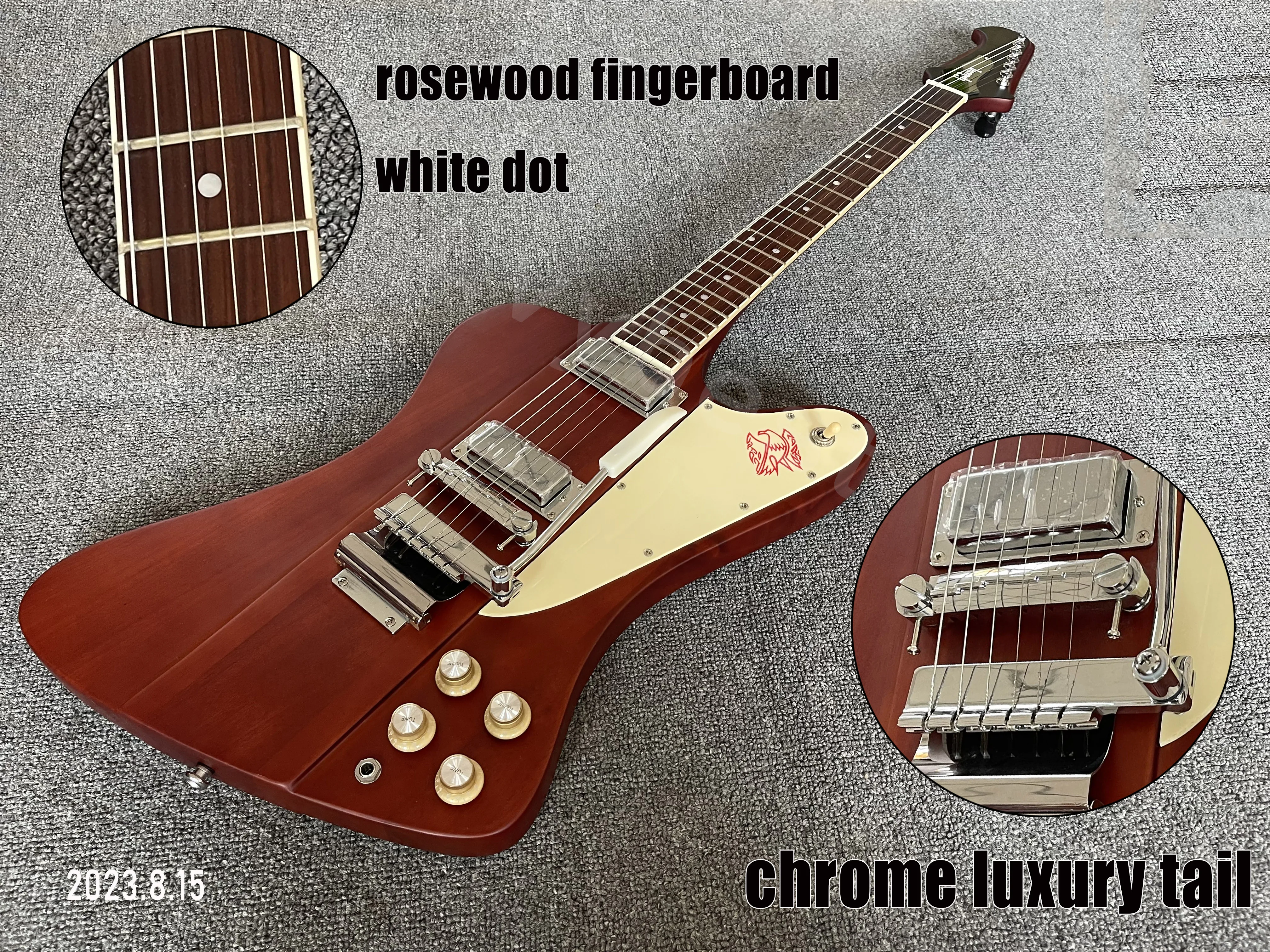 Stock!Electric Guitar Satin See Wood Grain Brown Color Neck Thru Body HH Mini Pickup Cream Pickgaurd Chrome Parts Short Tail