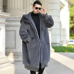 Oversized Loose Man's Long Fur Coat Faux Rabbit Fur Hooded Jacket Large Size Pockets Zipper Thick Warm Winter X-long Overcoat