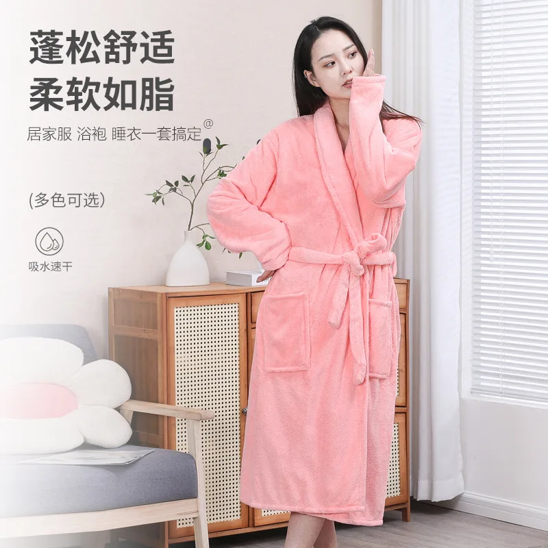 Coral fleece couple bathrobes, unisex wrap-around tie long-sleeve pajamas, thickened, water-absorbent and quick-drying