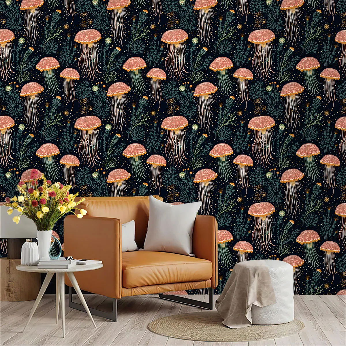

Boho Pink Jellyfish Seaweed Wallpaper Removable Self Adhesive Marine Life Contact Paper for Wall Furniture Renovation Sticker