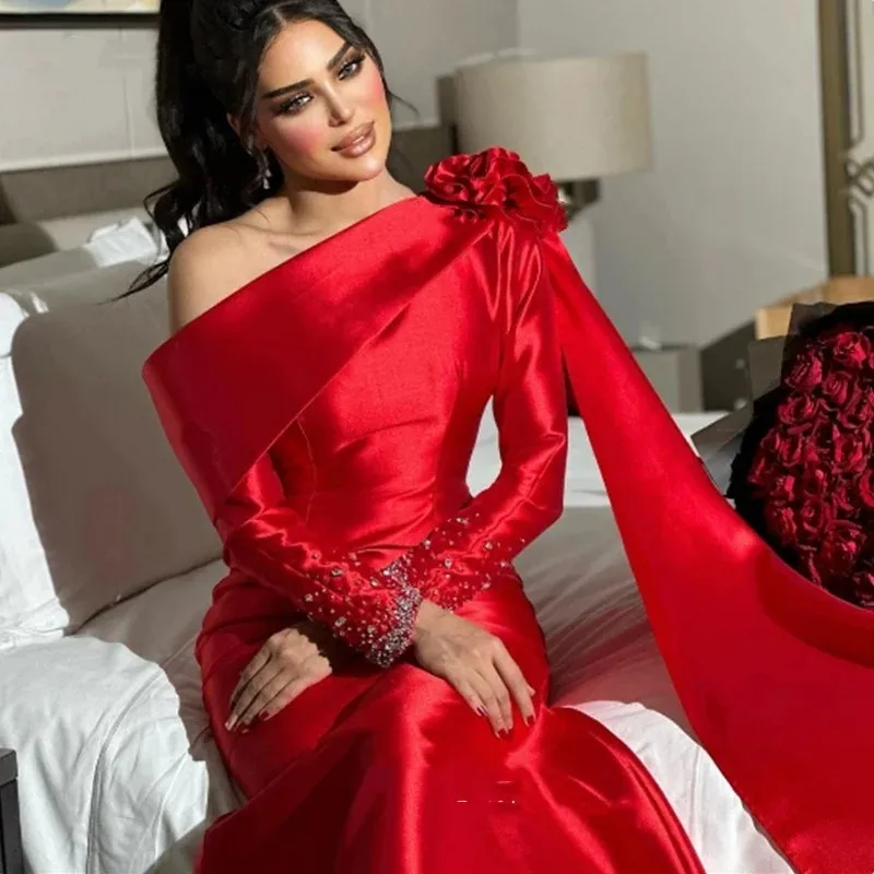 Elegant Red Satin Mermaid Prom Dresses Long Sleeves Pleats Flowers Arabic Evening Gowns Formal Party Dress Floor Length 2023