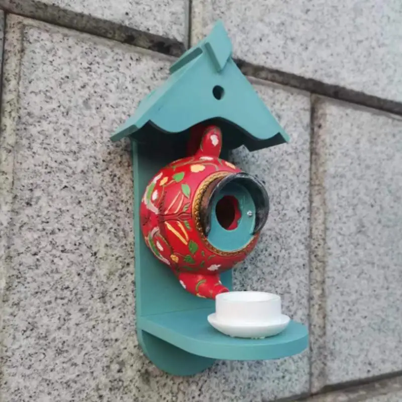 Bird Houses for Garden Teapot Outdoor Bird Feeder Colorful Decorative Bird Houses Cute Bird Feeder for Yard Garden Tree Yard