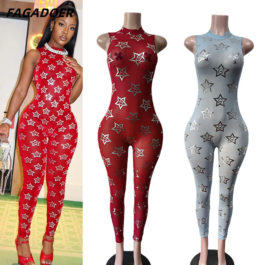 FAGADOER Fashion Silvery Star Pattern Print Jumpsuits for Women Sexy Mesh See Through Off Shoulder Zipper Bodycon Rompers New