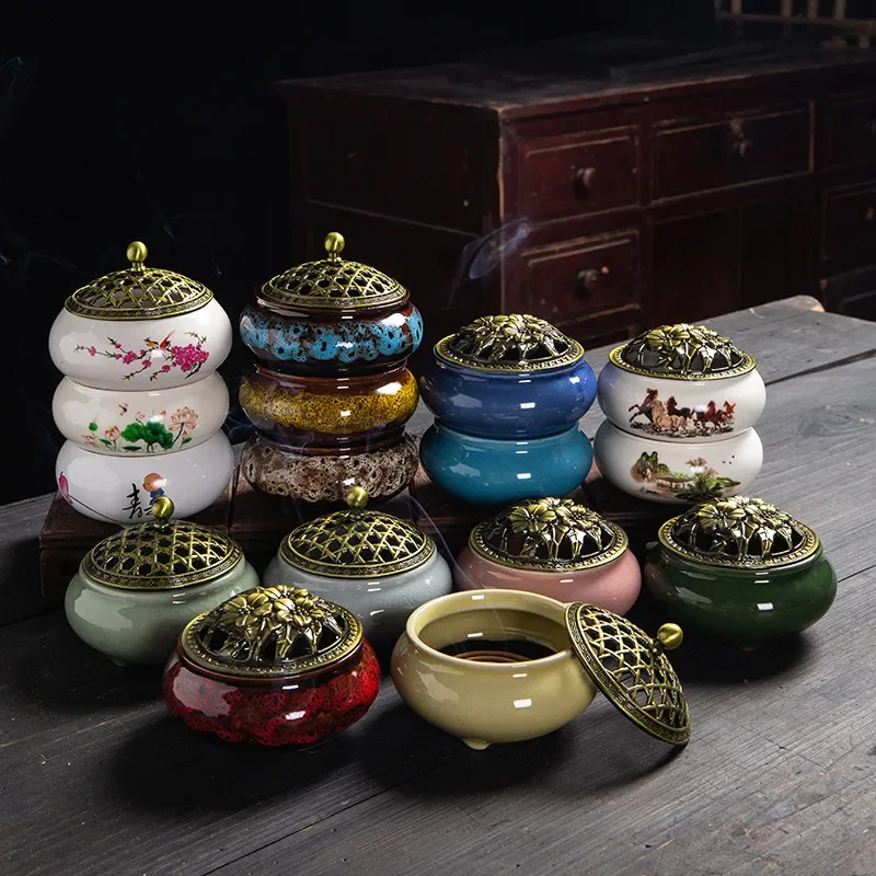 1 pcs Cracked glazed ceramic incense burner, household tray tower incense burner, small tray incense burner