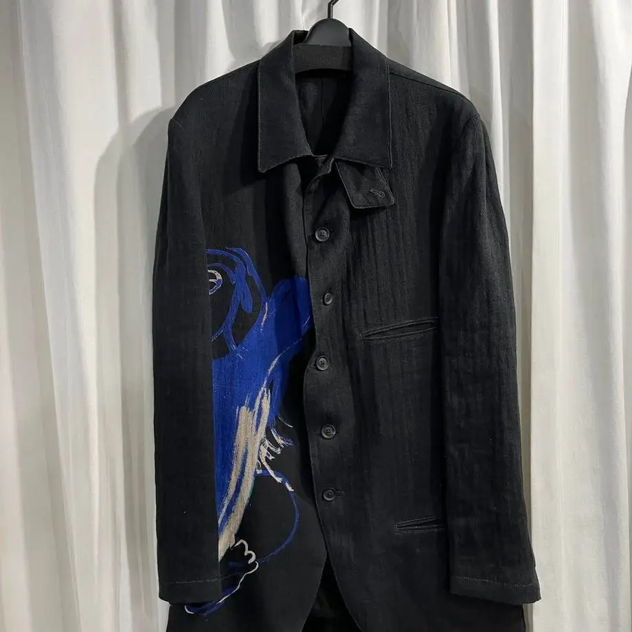 TOP-YAMAMOTO ® Paris Fashion Show Print Linen Suit for Men - Black - Small-Sized Trendy Online Celebrity-Wear Suit