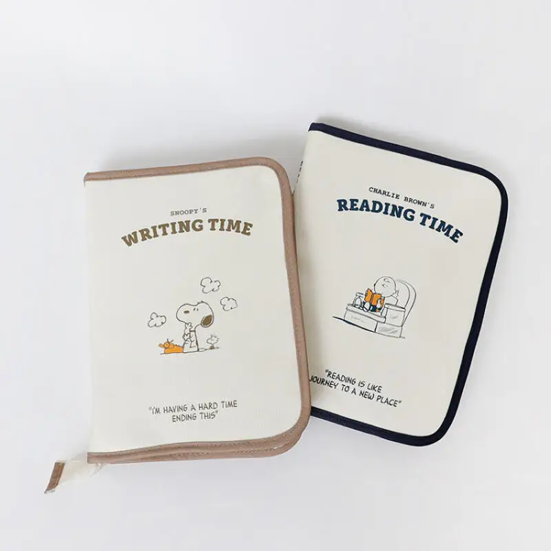 Snoopy Book Shape Canvas Storage Bag Multi Pocket Stationery Organizer Cartoon Print Portable Tablet Pouch Document Folder