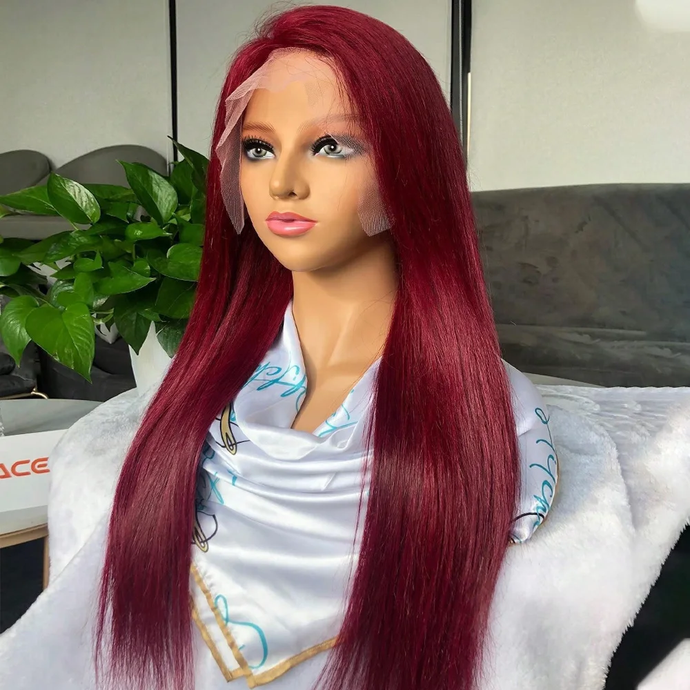 

Бразильские прямые парики 99J с кружевной передней частью 4x4, парики из натуральных волос, бордовые, с предварительно выщипанными волосами, 13x4, цветные парики из натуральных волос с кружевной передней частью