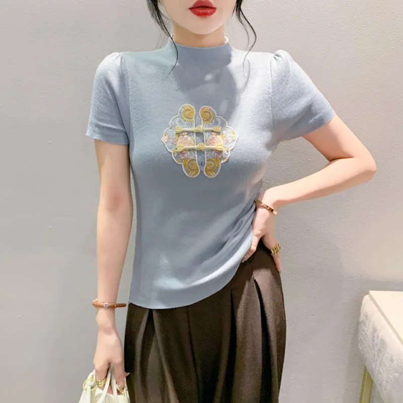 

Boring Honey Fashion Summer Chinoiserie Coil Buckle Design Tops All Match Thin Top Women Knitting Short Embroidery T-Shirt Wome