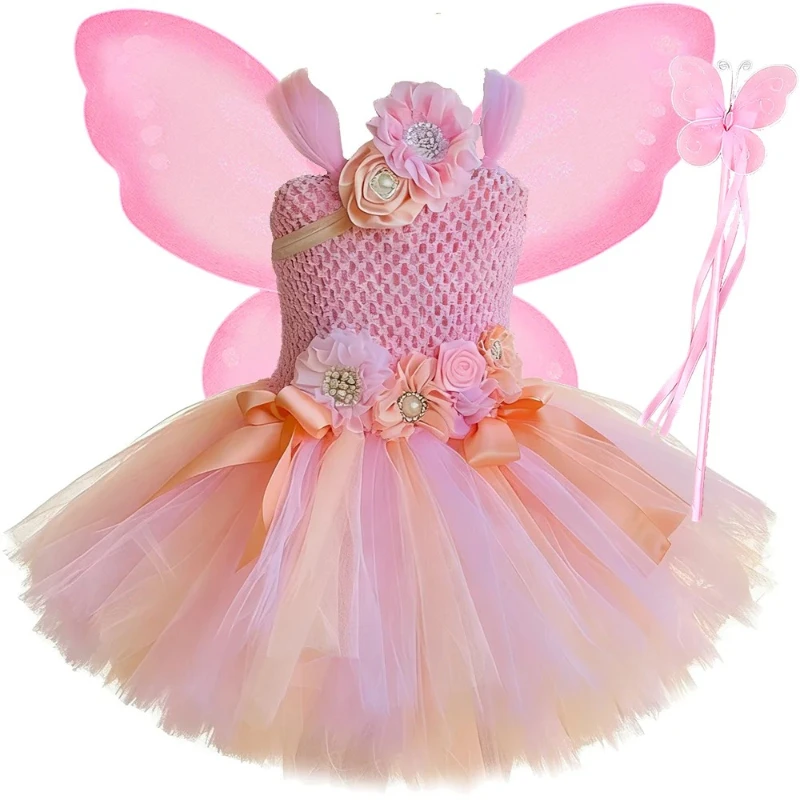 Pink Flower Fairy Princess Costumes with Wings Wand Hairband Girls Butterfly Fairy Tutu Dress Kids Woodland Elf Dress Up Outfit