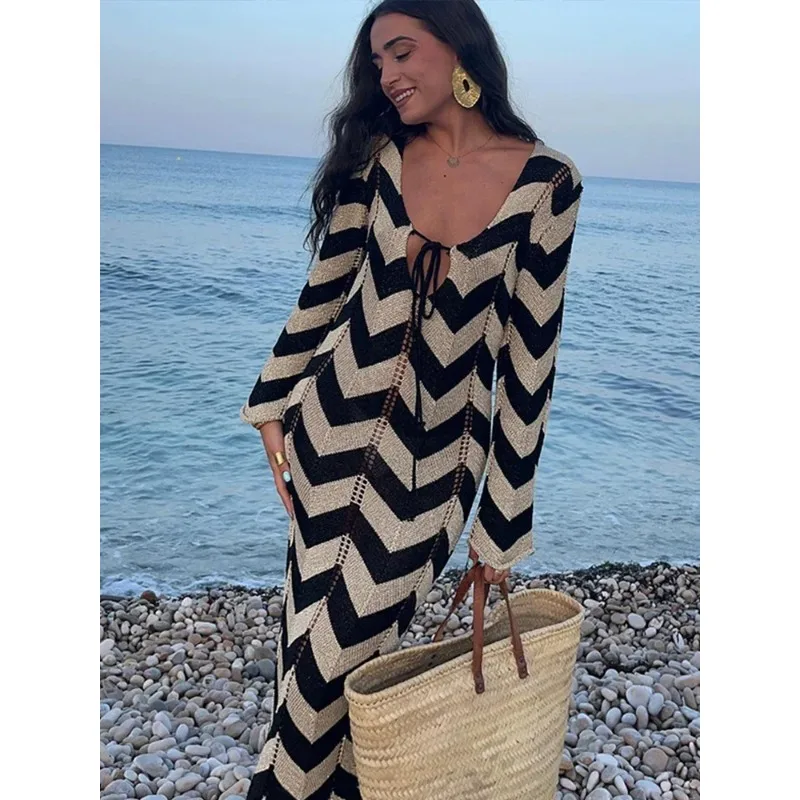 

2025 Striped Knitted Hollow Out Maxi Dress Women Sexy Lace Up V Neck Long Sleeve Dresses New In Fashion Beachwear Robes Clothes