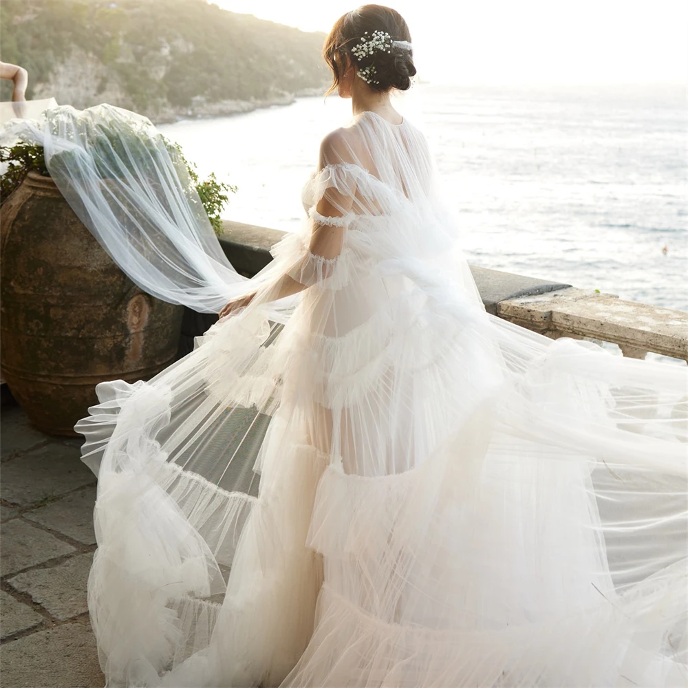 20230# Stunning Off Shoulder Tiered Draped Tulle Wedding Dress For Bride Photography 2024 Boho Women Bridal Gown With Cape