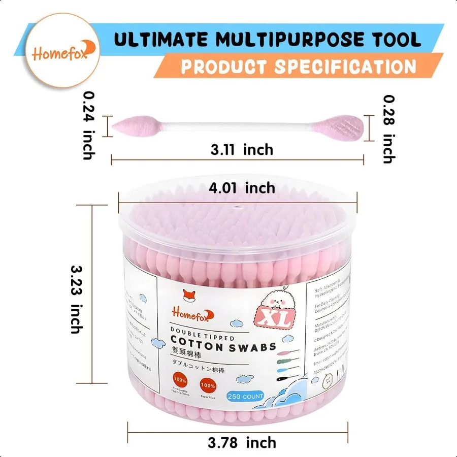 Pink Cotton Swabs Flattened Pointed 250 Count Organic XL Cotton Bud Double Side Tight Firm Wounded Precision Extra Large Cotton