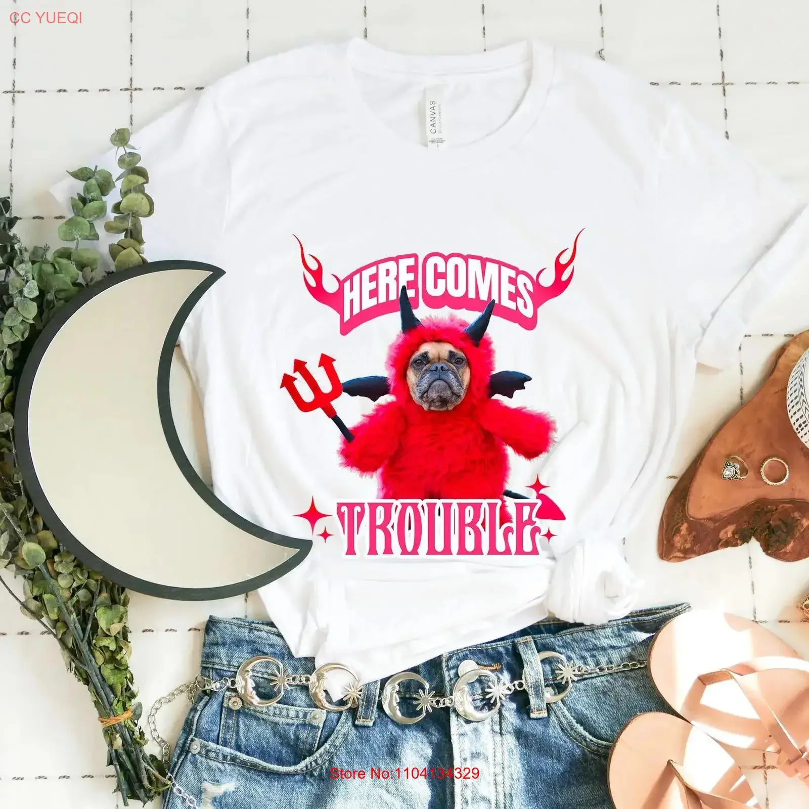 Here Comes Trouble Hell Hound Frenchie T Shirt French Bulldog Dog Owner Cute Funny Puppy Apparel Devil Costume vintage Washed