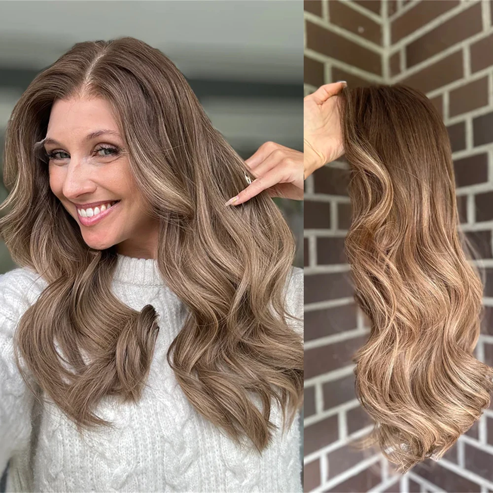 

Ash-brunette Sun-kissed Highlights Human Hair Wig Shoulder Wavy Stylish Natural Looking Wigs for Women Pre Plucked Hairline