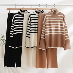 2 Pieces Knitted Suit Set Autumn Winter Women Wide Leg Pants Female Sets and Turtleneck Sweater Long Sleeve Striped Pullovers