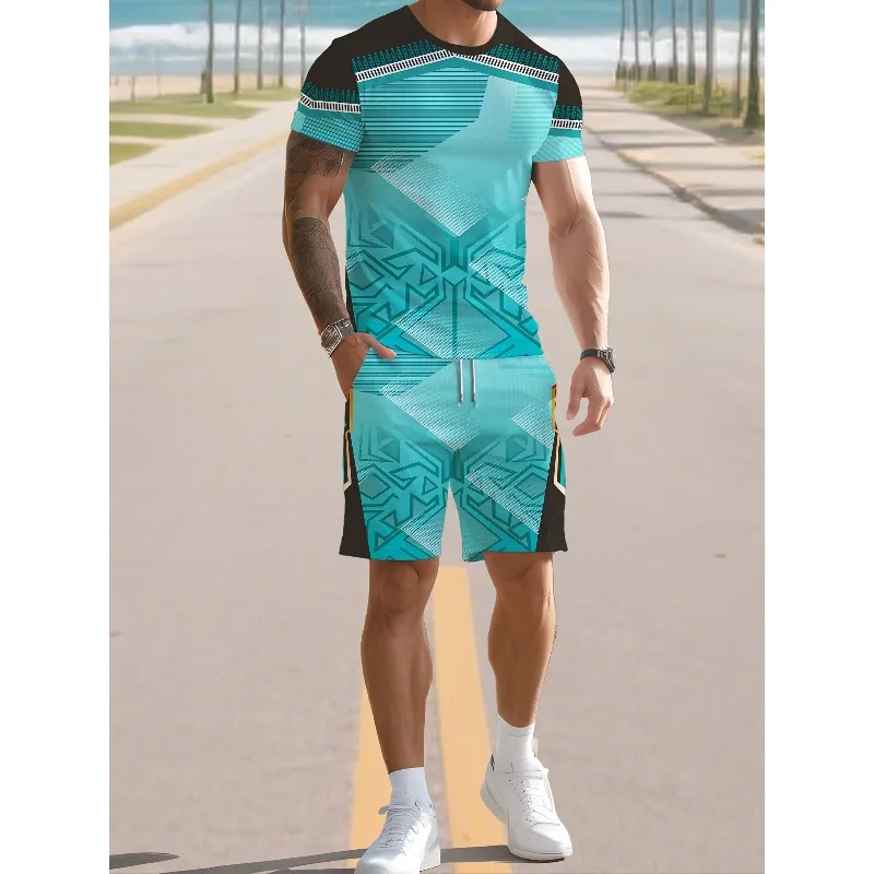 2025 Men's Daily Leisure Sports Street Wear Summer Personalized 3D Printed Round Neck Short Sleeved T-shirt Shorts Set