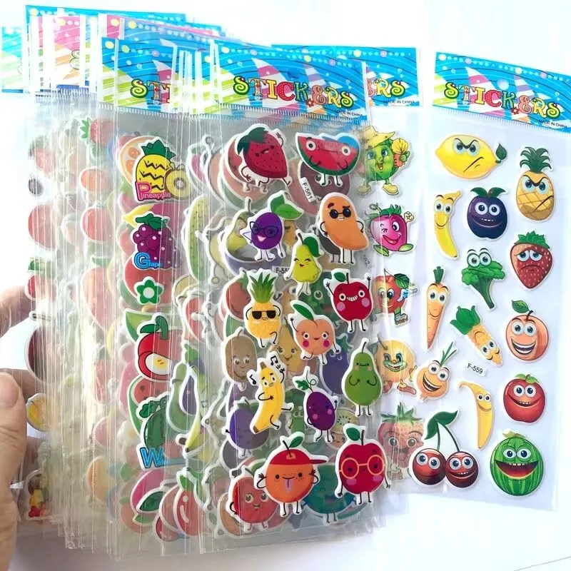 12Sheets Kids Stickers 3D Puffy Bulk Stickers for Girl Boy Birthday Gift Scrapbooking Fruit Vegetable Cartoon Stickers DIY