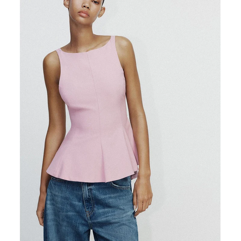 قميص نسائي صيفي جديد بياقة مستديرة بدون أكمام ضيق مع ظهر مكشوف وعقدة فراشة وتنورة قصيرة بتصميم أنيق للأعمال والملابس الكاجوال