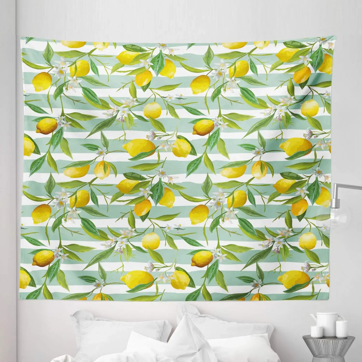 Cartoon Lemon Tapestry Summer Tropical Fruit Pattern Tapestry Doodle Lemon and Leaves Wall Hanging Decor for Bedroom Living Room