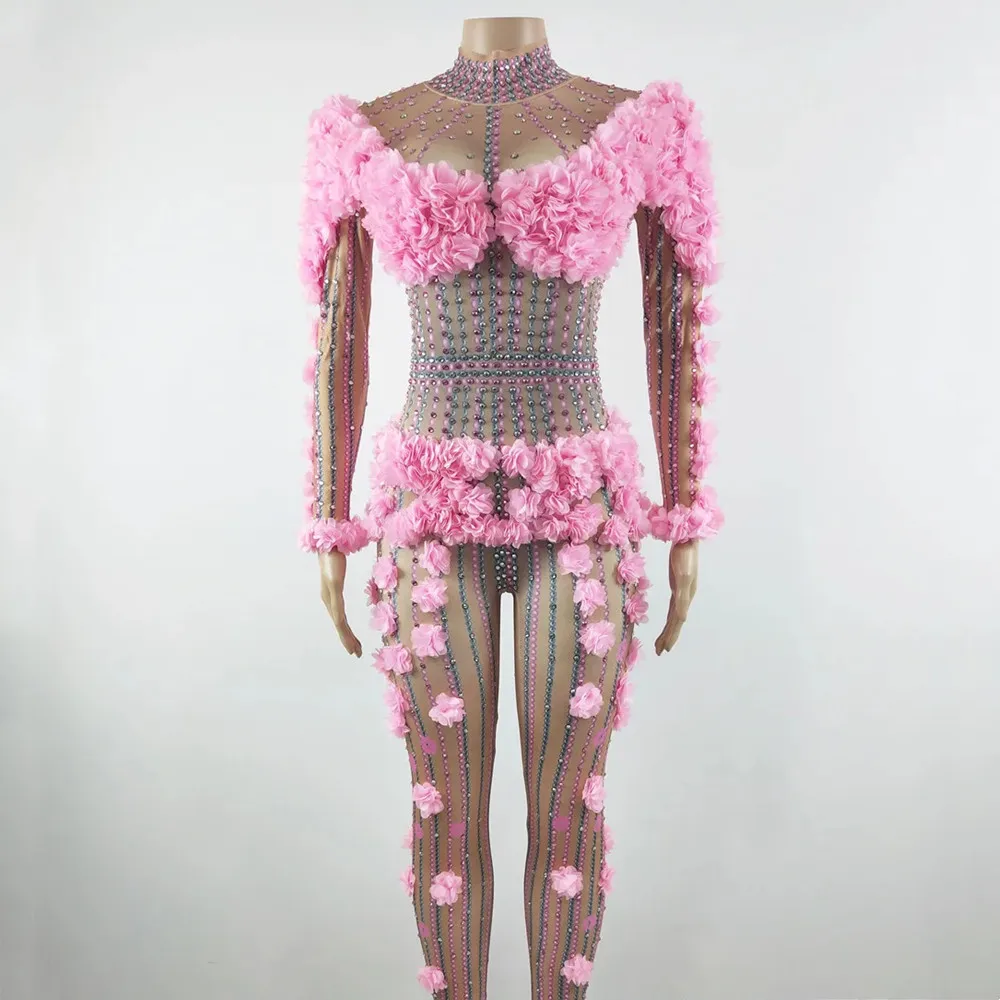 

Pink Flower Rhinestones Jumpsuit Women Birthday Party Drag Queen Dance Costume Long Sleeve Elastic Leotard Singer Stage Wear
