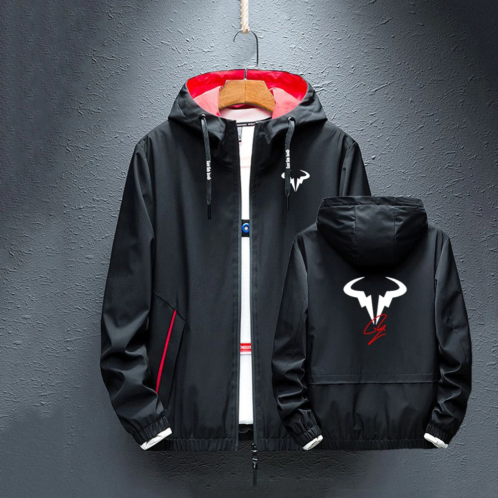 

2024 Spring Autumn Men's Rafael Nadal Symbol Logo Printed Casual Sports Solid Color Cardigan Zipper Windproof Hooded Jacket Coat