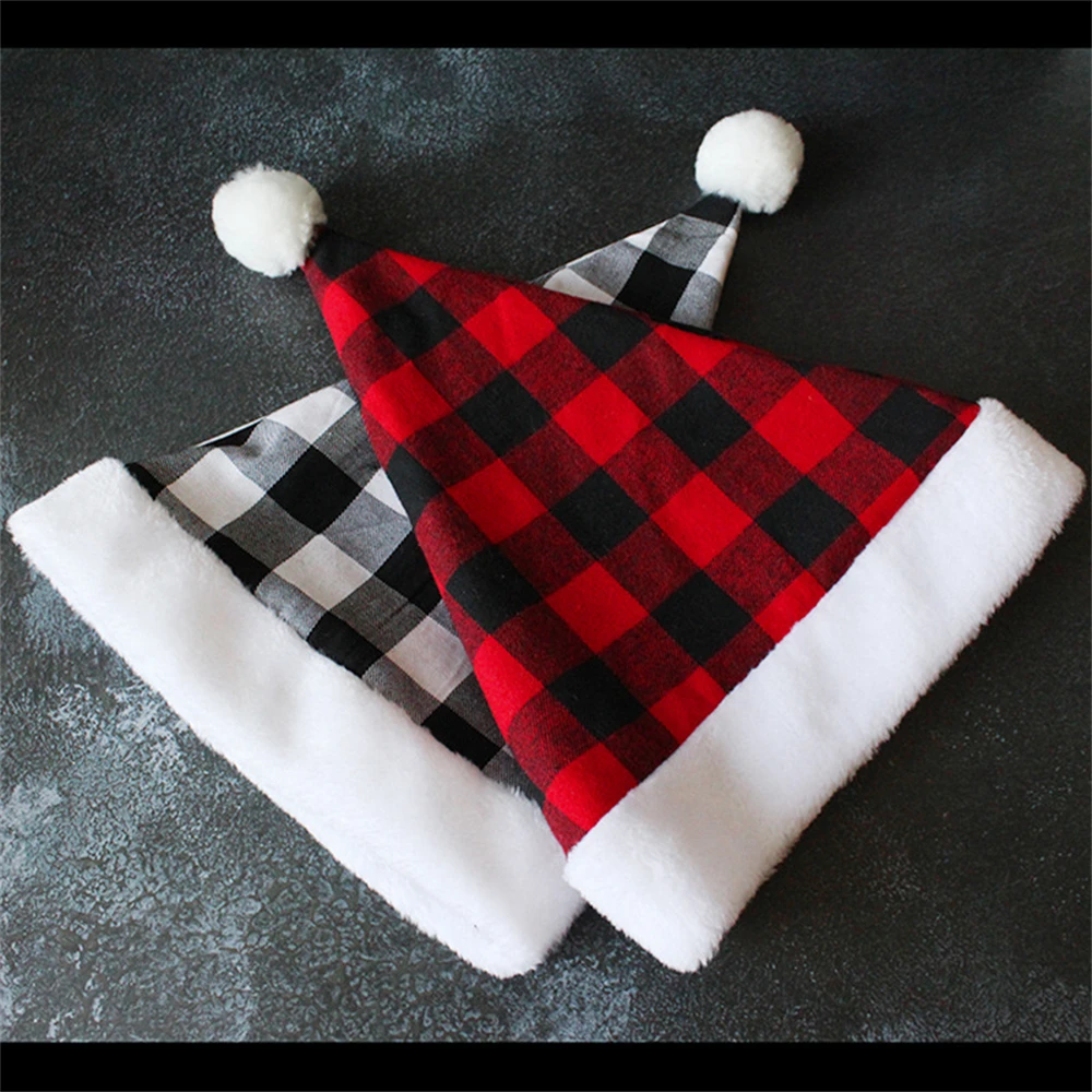 Accessoires de décoration de Noël pour adultes, chapeaux en peluche à carreaux du père Noël, casquettes confortables unisexes, fournitures de fête de festival, cadeau de nouvel an