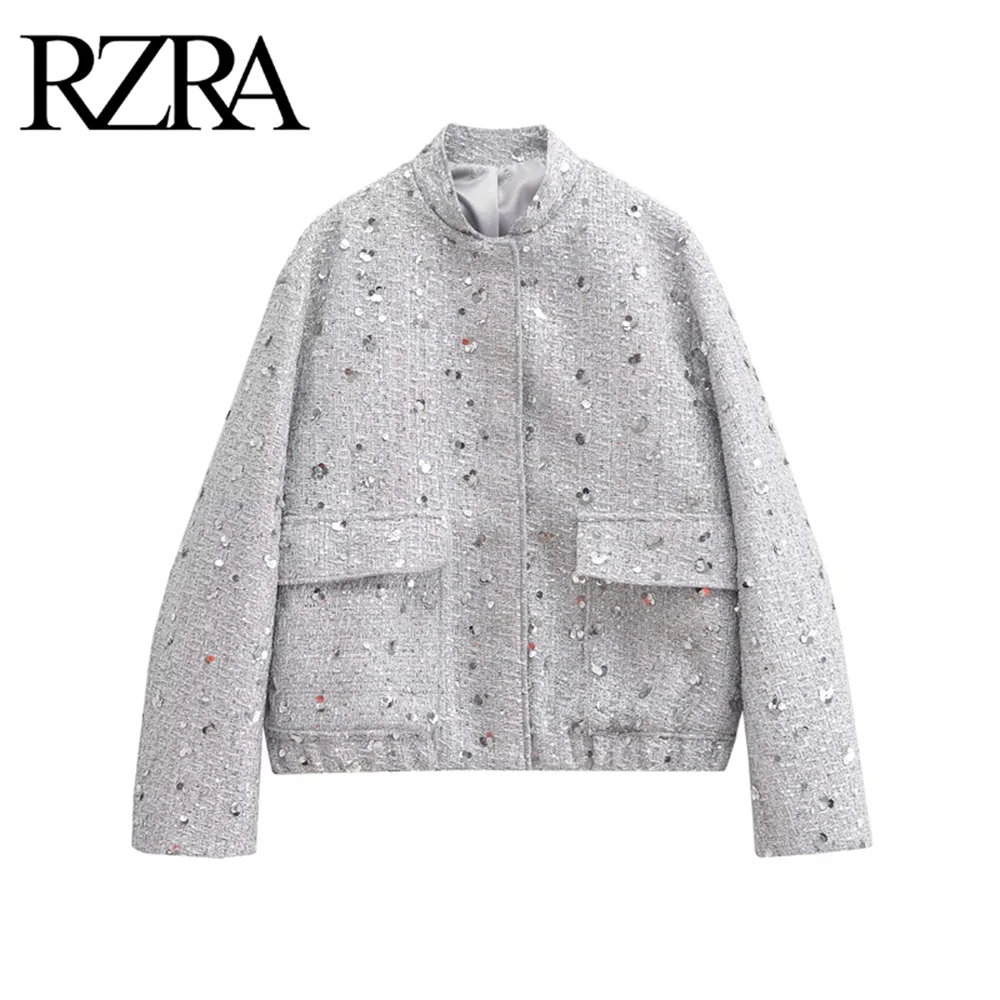 RZRA-Jaqueta bomber feminina solta de lantejoulas, casaco de bolso duplo, nova tendência, estilo fashion, roupas de outono, 2022